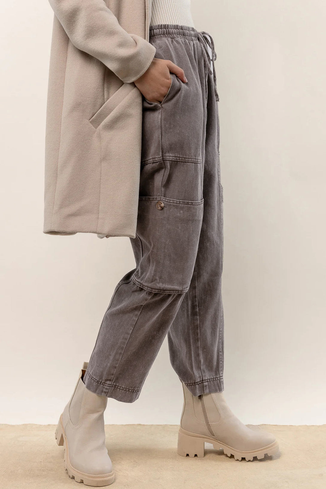 Gray Acid Wash Multi Pocket Drawstring Pants