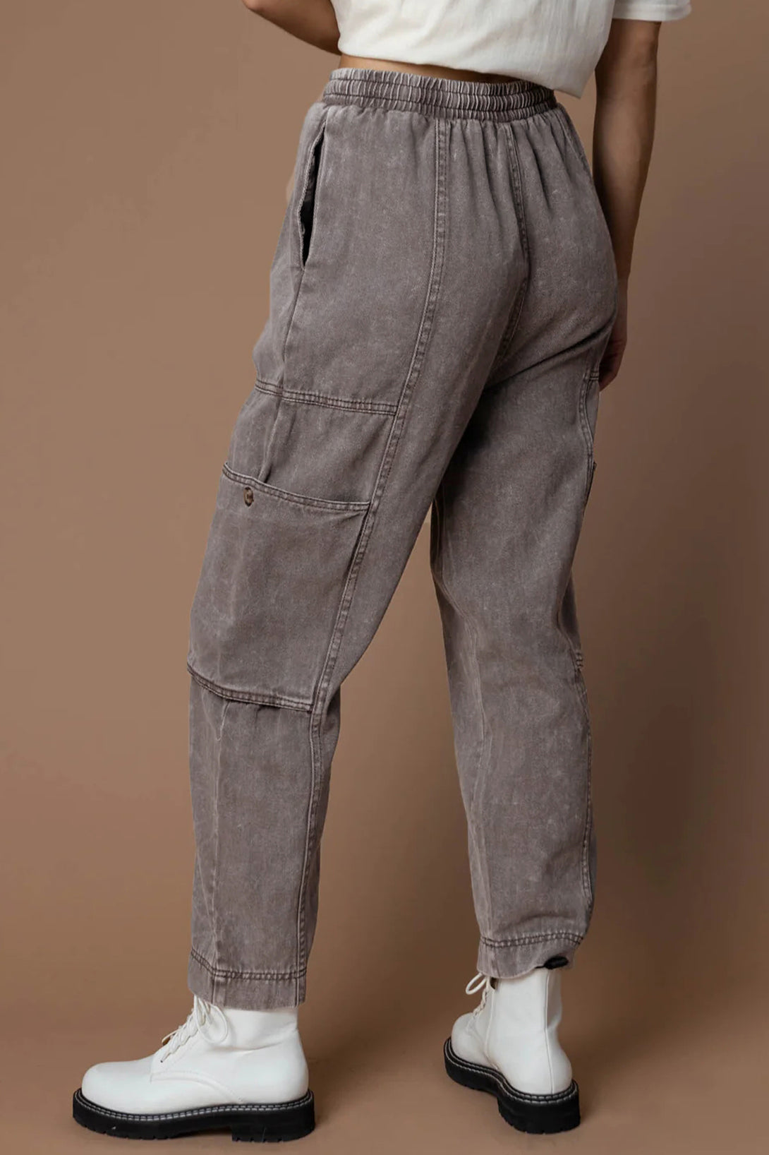 Gray Acid Wash Multi Pocket Drawstring Pants